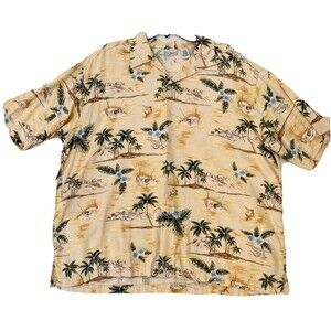 LL Bean Men Shirt XL Hawaiian Short Sleeve Yellow Button up Palm Trees Swordfish